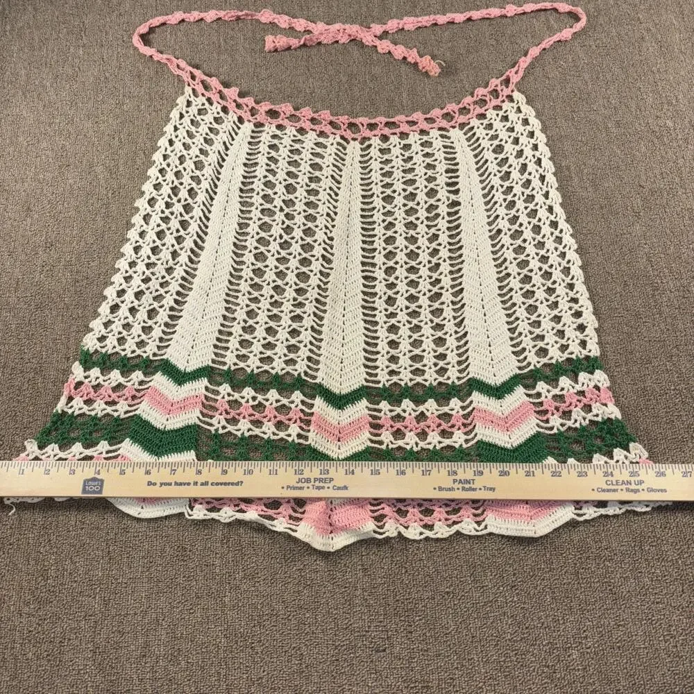 Vintage Crochet Apron Pink Green White Handmade 1970s